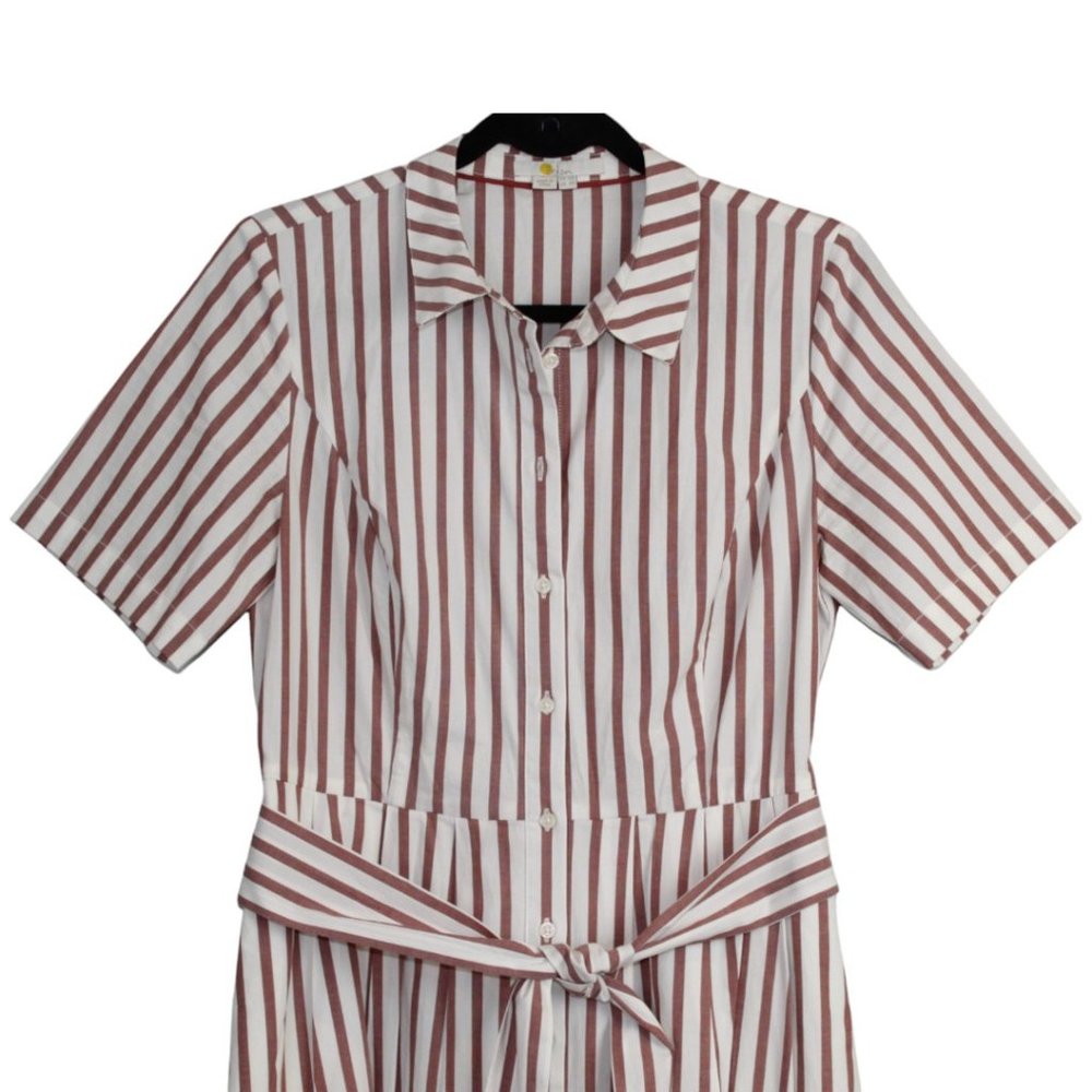 Boden 8R Brick Red White Striped Dress Button Down Belted Waist Tie Short Sleeve - Picture 3 of 12